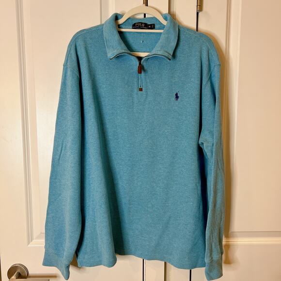 POLO RALPH LAUREN Blue Logo-Embroidered Cotton-Piqué Half-Zip Sweatshirt | XL - Picture 1 of 8